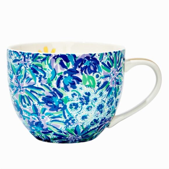 Lilly Pulitzer Blue White Floral Gold Ceramic Coffee Mugs Tea Cups Set of 2 - Picture 3 of 9